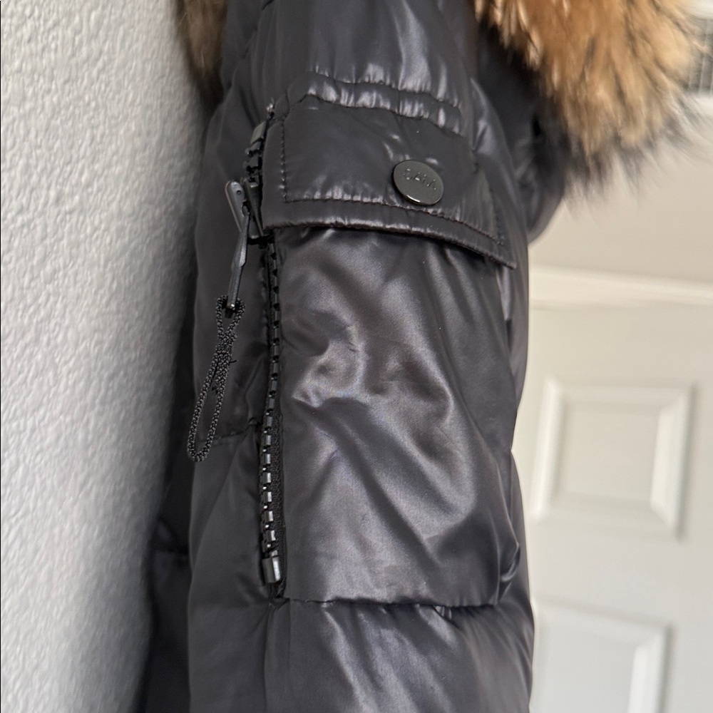 SAM. Black Shiny Blake Down Puffer Racoon Tan Fur Hood Thumb Hole Cuff XS - Picture 12 of 16